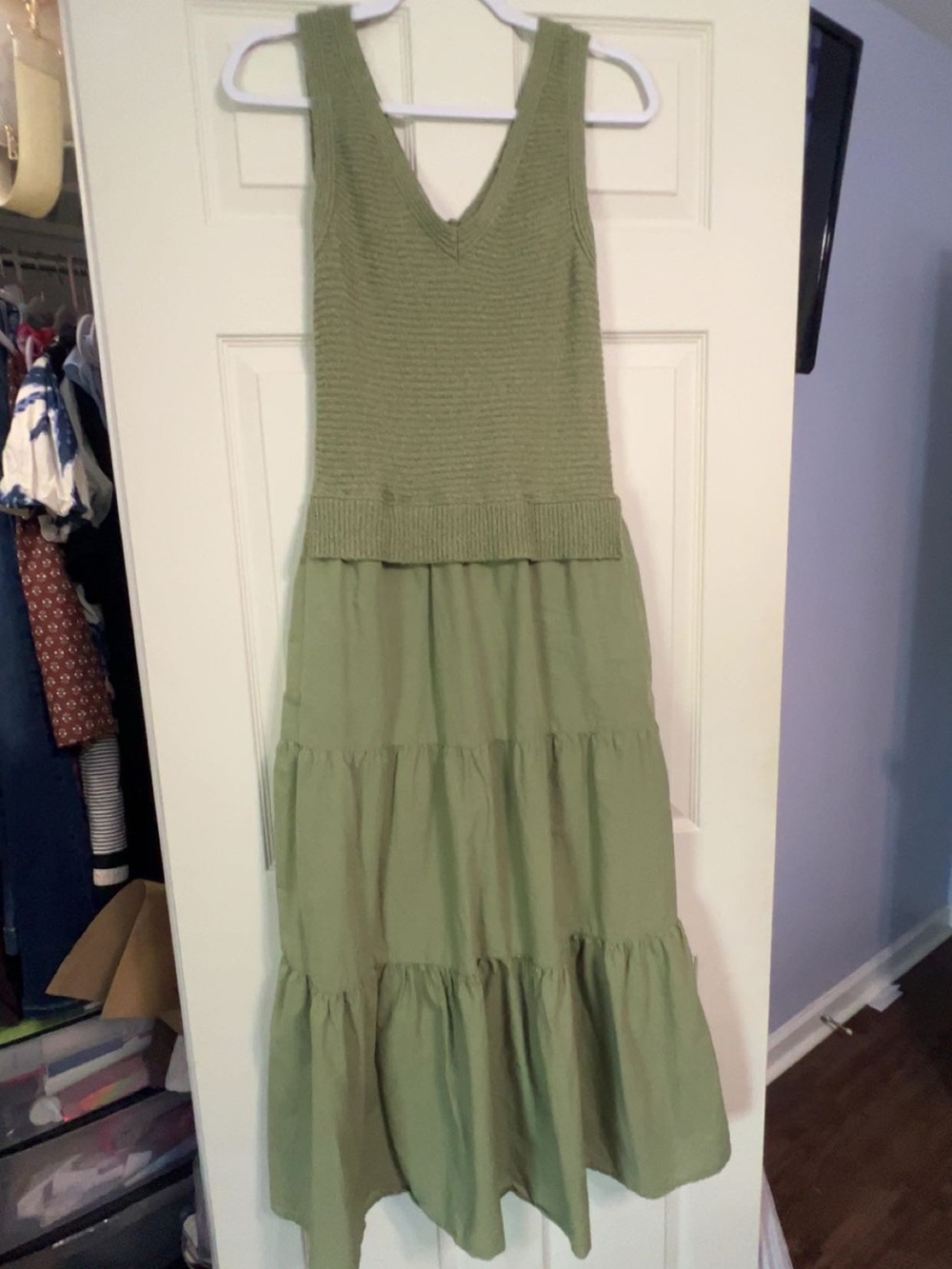 T.J.Maxx Olive Green Knit Bodice Tiered Maxi Dress